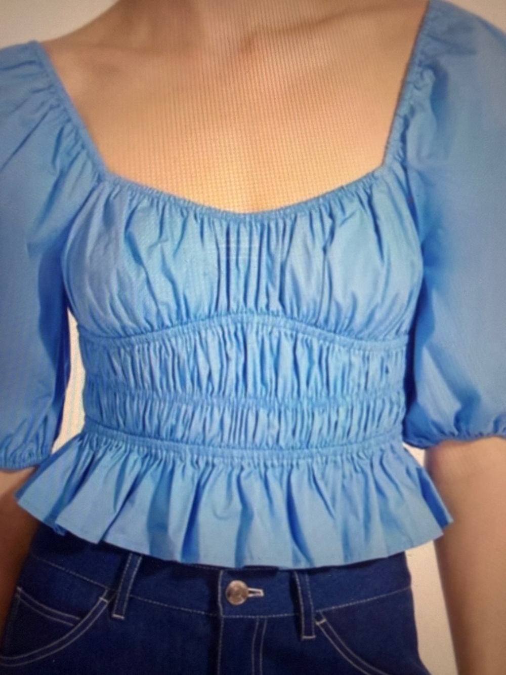 STAUD Light Blue Smocked Peplum Puff-Sleeve Top